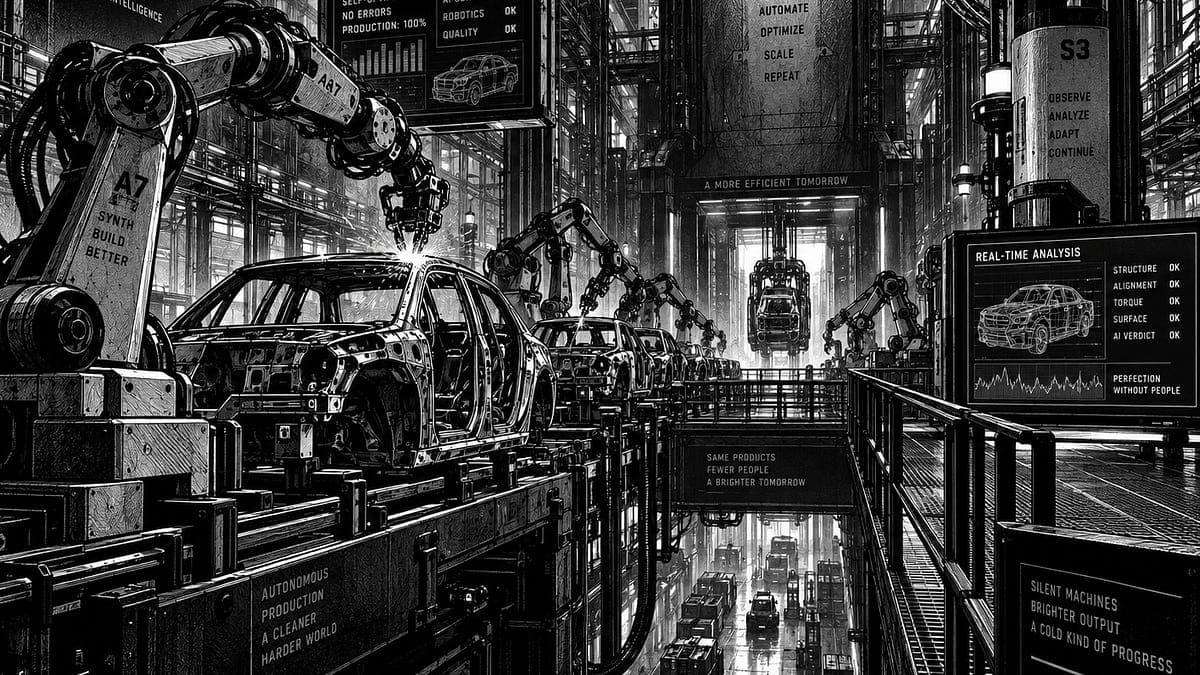 A black-and-white car factory line tended by robot arms, with a real-time analysis screen in the foreground.