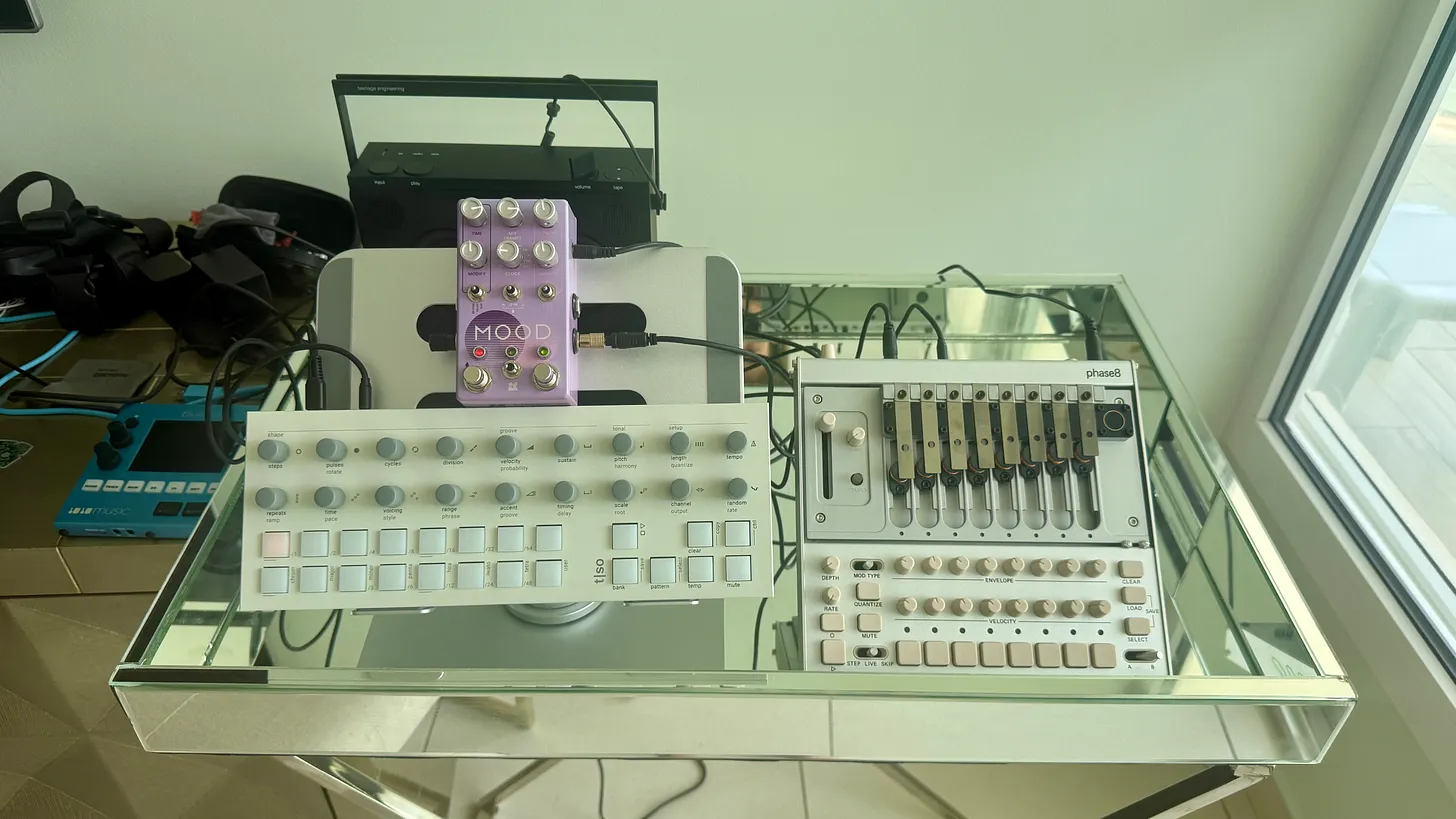A Torso T-1, Korg Phase8, Chase Bliss Mood MKII, and Teenage Engineering OB-4.