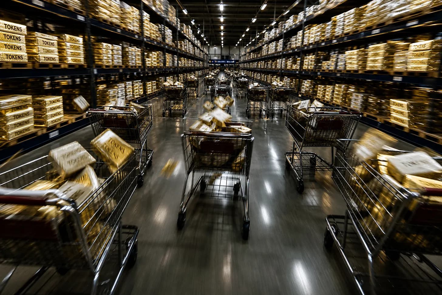 Shopping carts race through a dark warehouse lined with gold boxes labeled ‘TOKENS’.