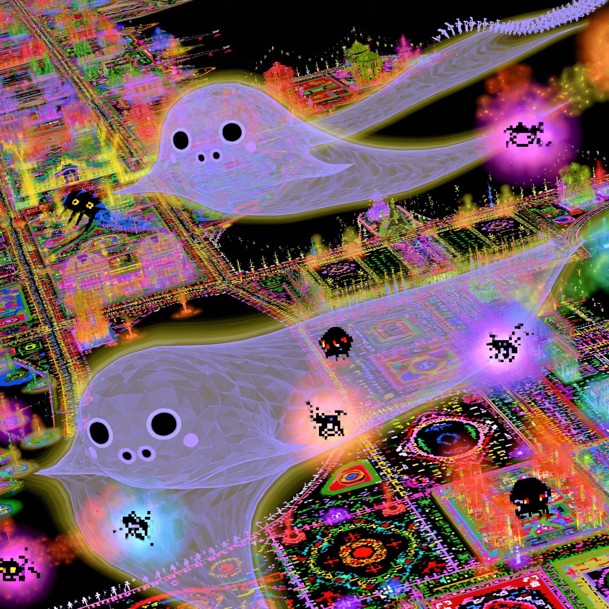 Psychedelic neon digital art: two translucent gray ghostlike figures with black eyes float over a glowing magenta-cyan-yellow circuit-city grid with small pixelated creatures and bloom effects; no readable text.