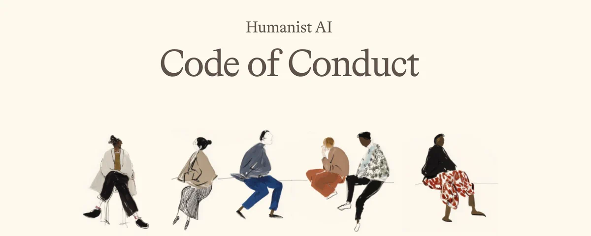 Title card reading Humanist AI Code of Conduct above a watercolor row of six seated people.
