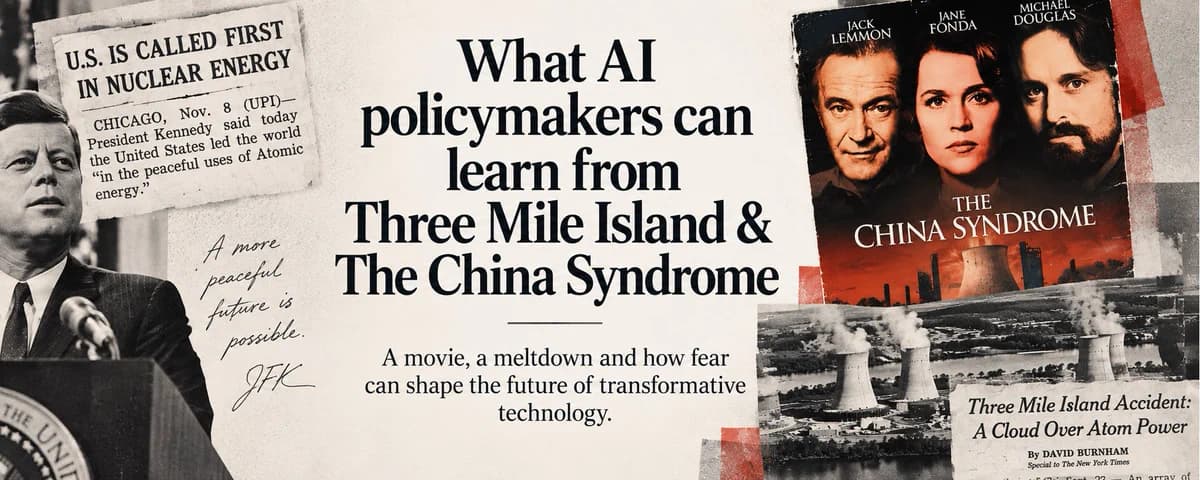 Collage cover: What AI policymakers can learn from Three Mile Island & The China Syndrome, with JFK nuclear-energy clipping, China Syndrome poster, and Three Mile Island NYT headline.