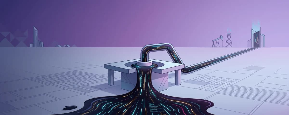 Illustration of a pipeline pouring glowing traces like oil across a tiled floor, with derricks in the distance. No readable text.