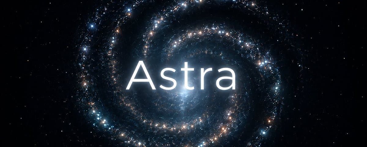 Deep-space cover art of a luminous spiral galaxy with the word Astra centered in thin white sans-serif type over the galactic core.