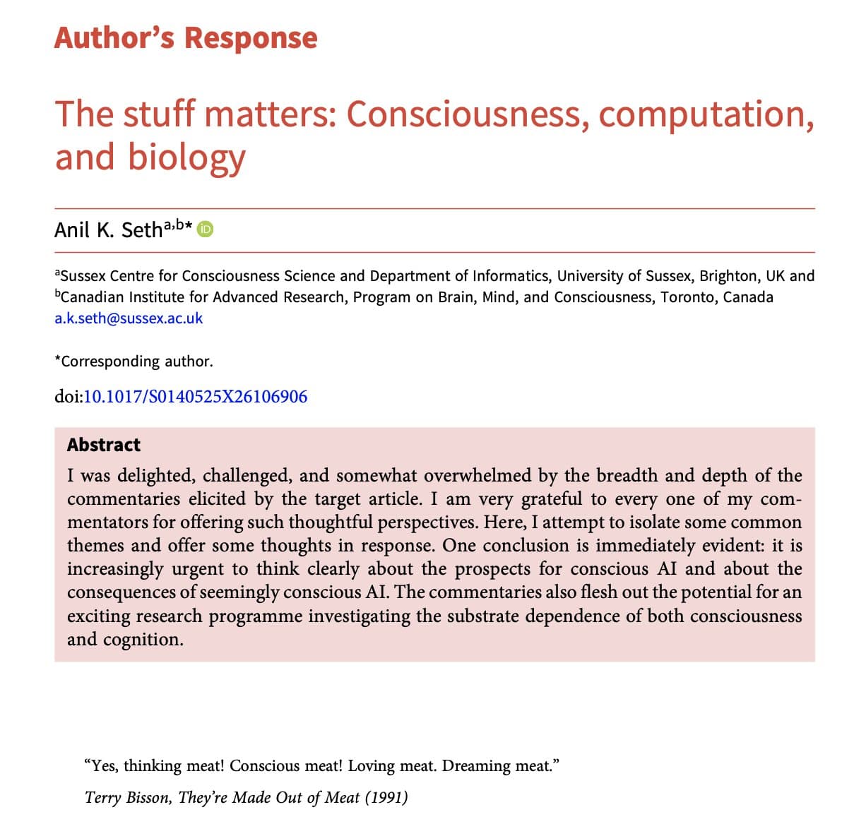 Title page of Seth's BBS Author's Response, The Stuff Matters: Consciousness, Computation, and Biology
