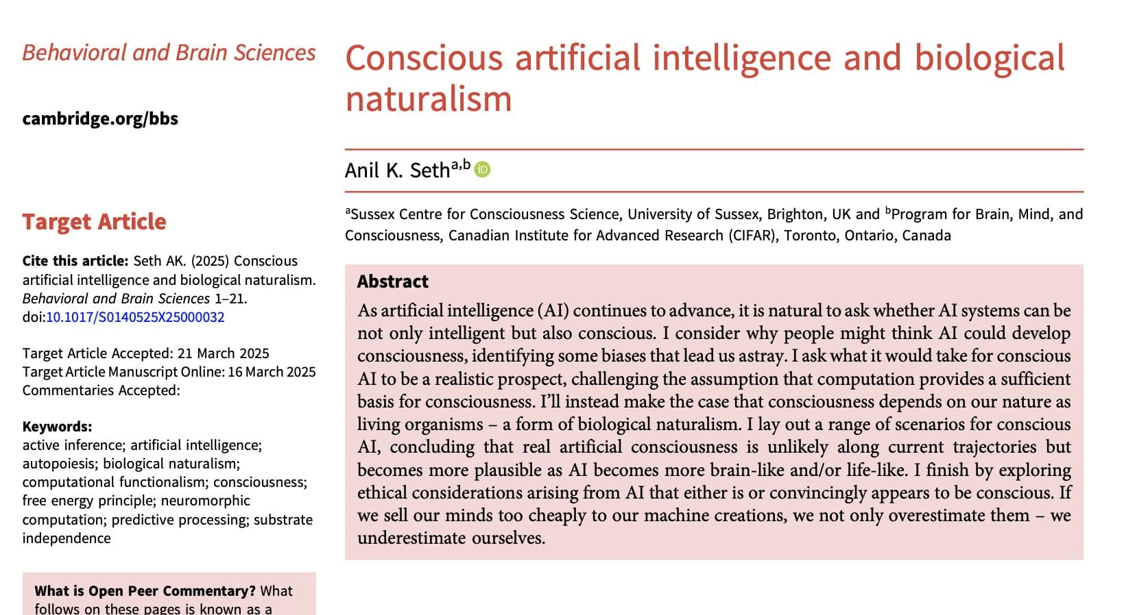Title page of Seth's BBS target article, Conscious Artificial Intelligence and Biological Naturalism