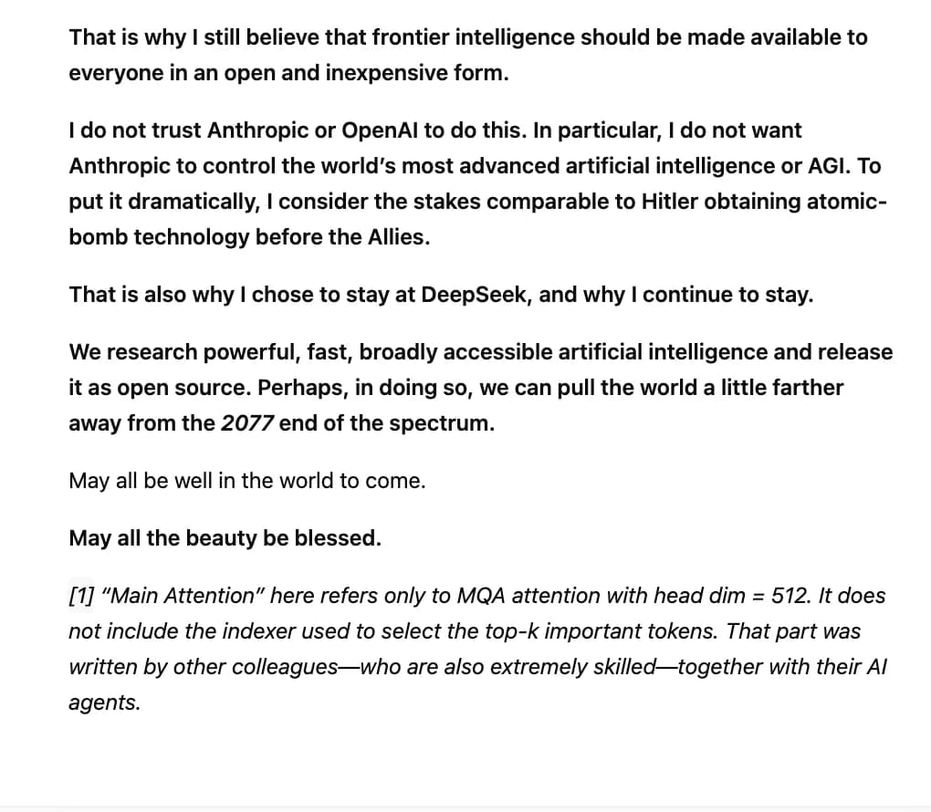 Translated closing arguing frontier intelligence should be open and inexpensive, and that is why the author stays at DeepSeek.