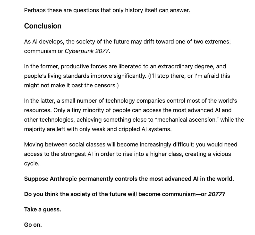 Translated blog conclusion asking whether Anthropic-controlled frontier AI yields communism or Cyberpunk 2077.