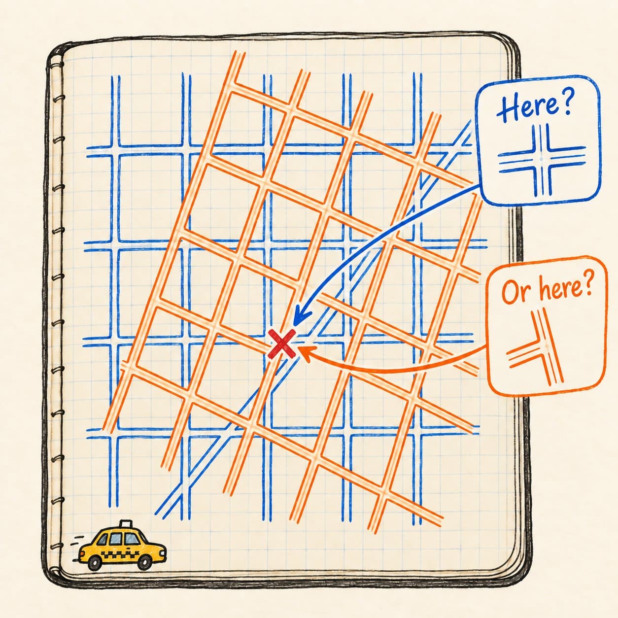 Notebook / sketch metaphor: overlapping hand-drawn Manhattan streets illustrating superposed position codes.