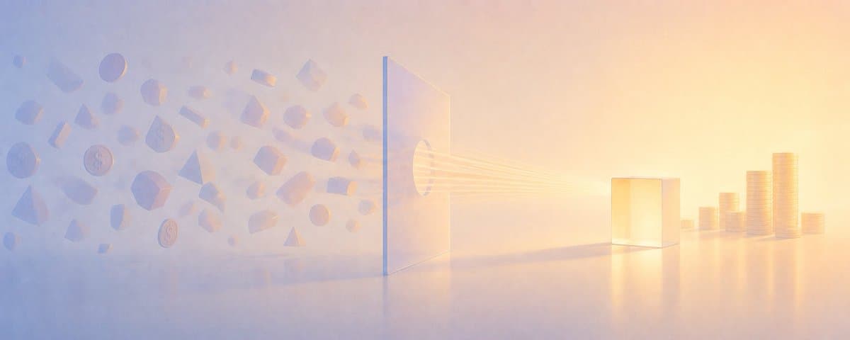 Conceptual 3D render of scattered shapes and coins passing through a circular aperture into a glowing cube and stacked coins, with dollar signs on some coins and no other written text.