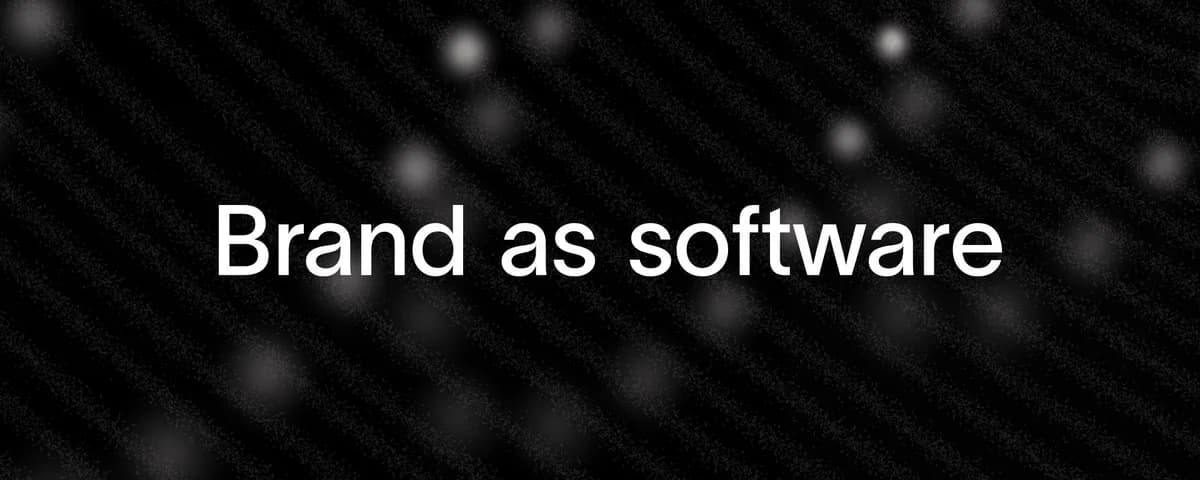 Dark grainy cover card with soft white bokeh; centered white sans-serif text reads Brand as software.