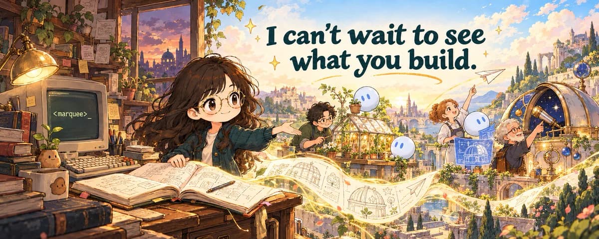 Wide anime-style sunset illustration of builders at desks, greenhouses, blueprints, and a telescope. Center headline text reads I can't wait to see what you build. A CRT on the left desk shows a marquee tag with a blinking cursor.