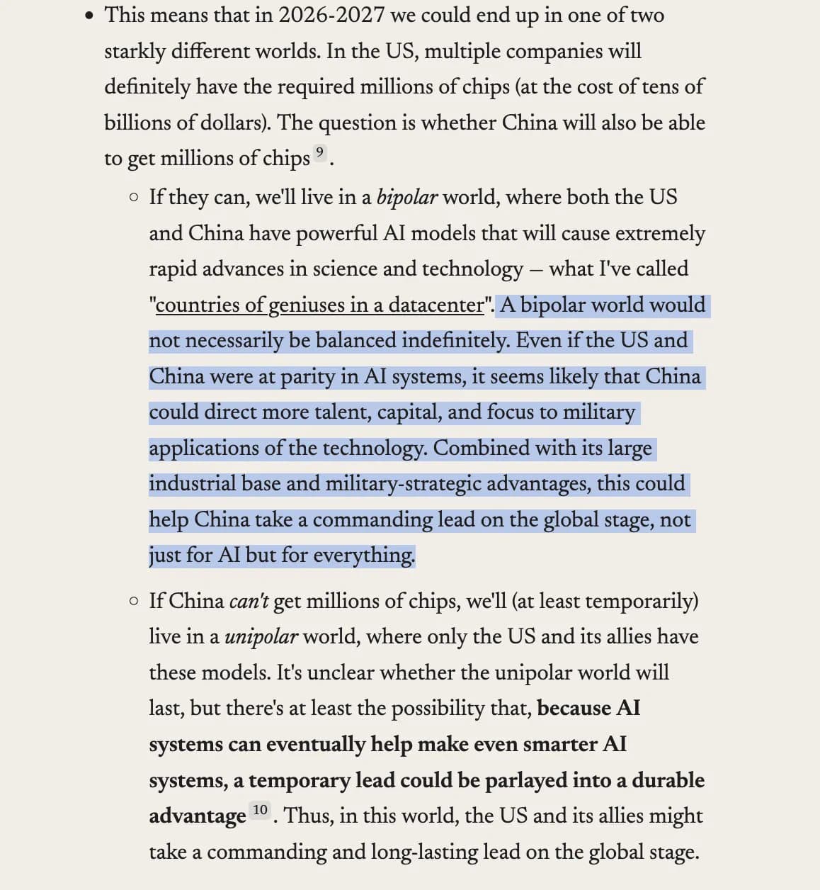 Highlighted excerpt from Dario Amodei on bipolar versus unipolar AI chip worlds in 2026-2027.