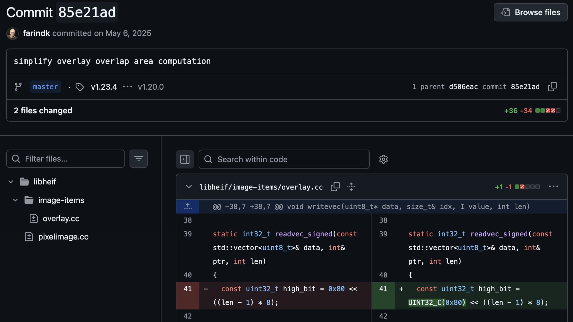 GitHub commit 85e21ad in libheif overlay.cc wrapping 0x80 with UINT32_C in readvec_signed.