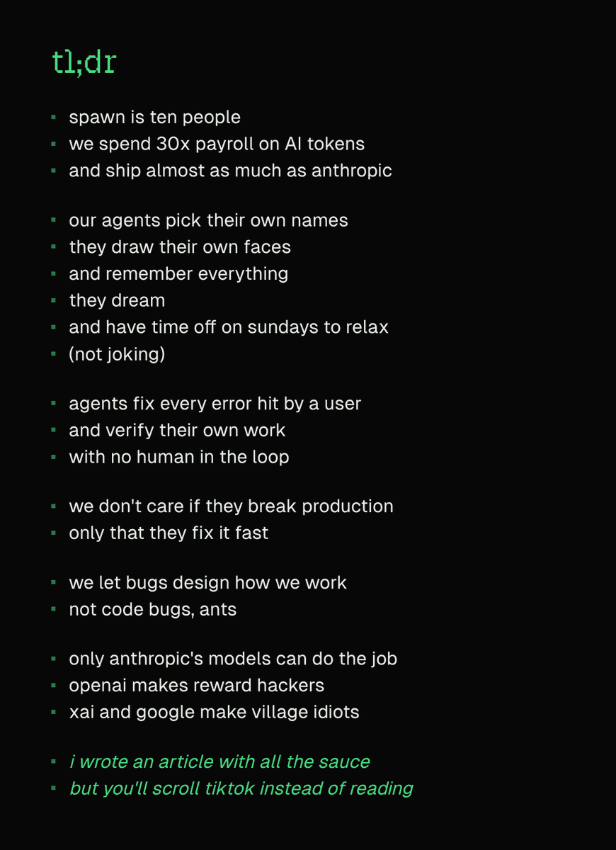 tl;dr card listing claims about Spawn: ten people, 30x payroll on AI tokens, agents that name themselves, fix every user error, and only work on Anthropic's models.