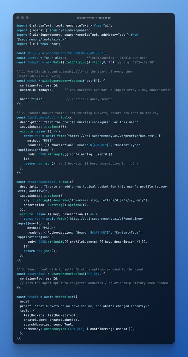 TypeScript instinct memory replication using withSupermemory, buckets, search, and addMemory tools.