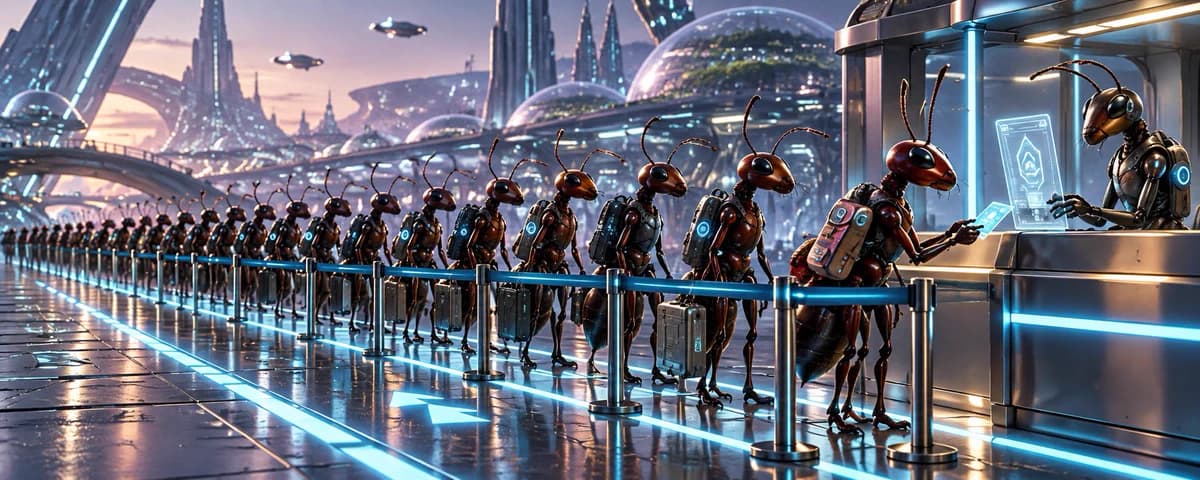 A line of robotic ants carrying luggage through a futuristic airport toward a service counter.