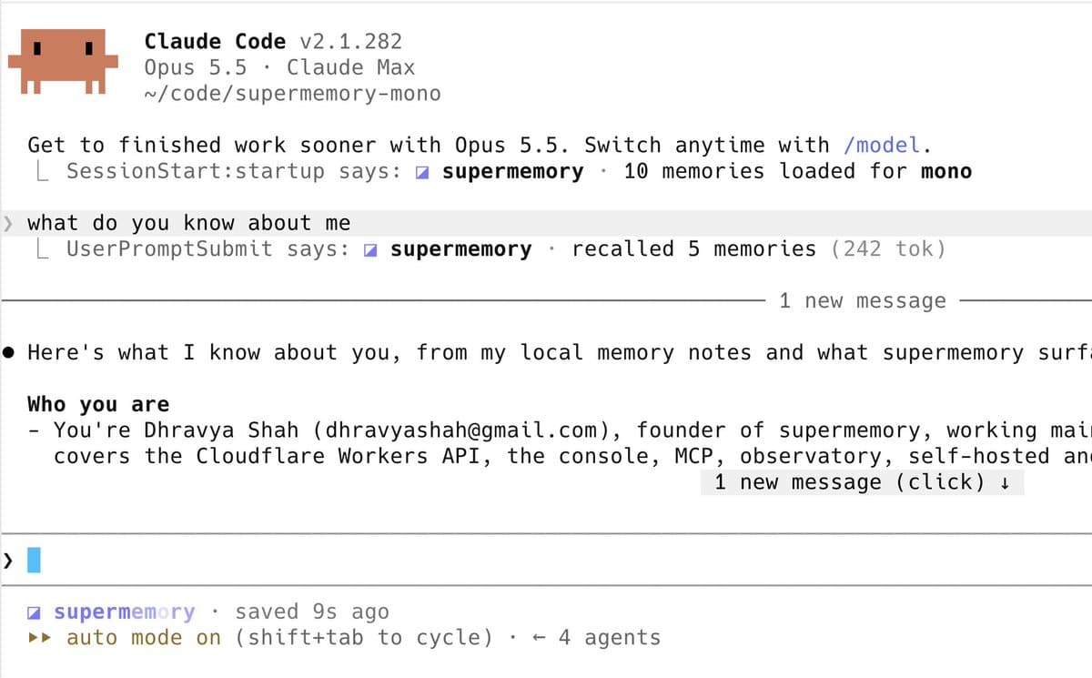 Claude Code session screenshot where supermemory injects recalled memories for Dhravya Shah.