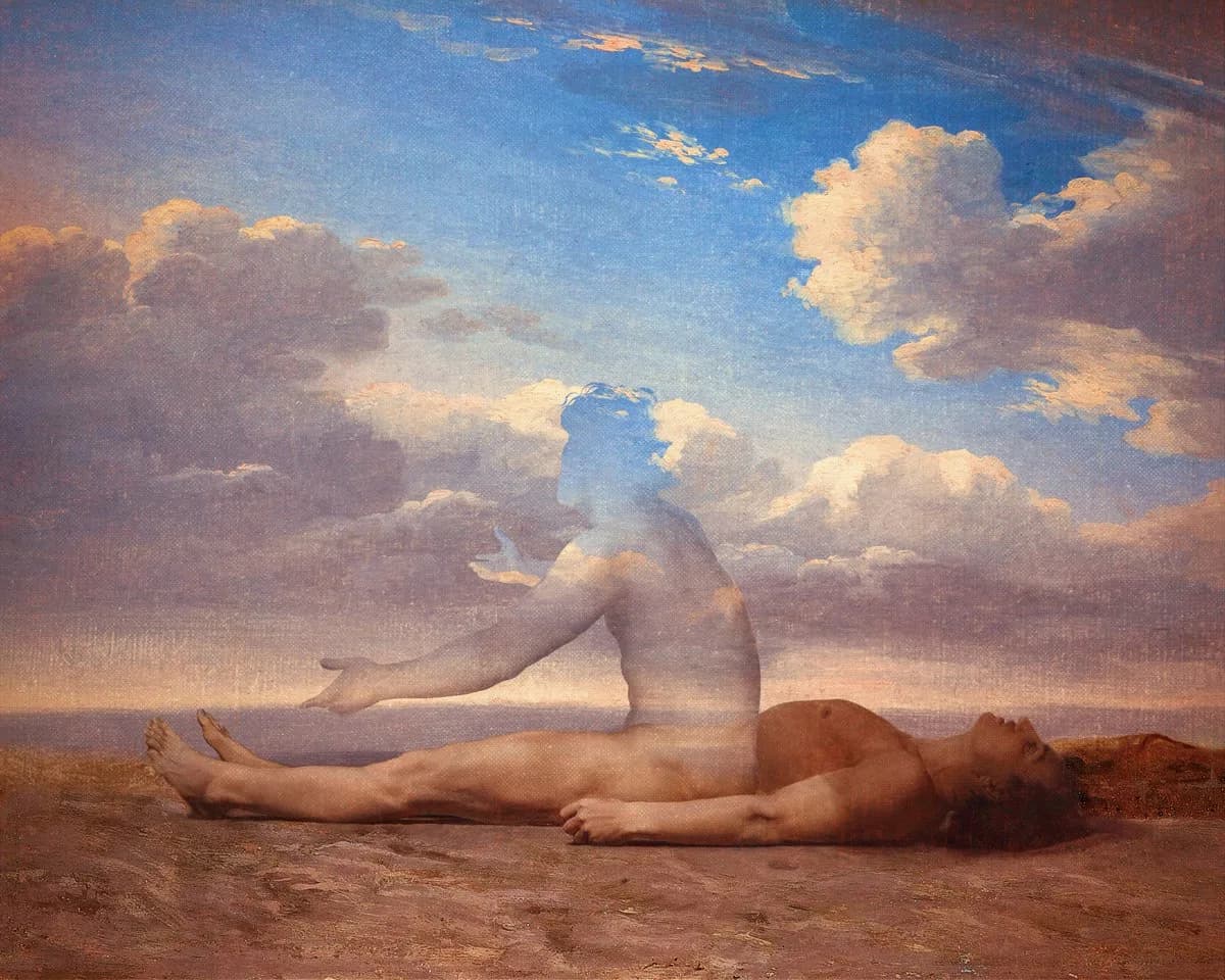 A nude man lies on a barren plain while a translucent, sky-filled double of him sits up and stretches out an arm