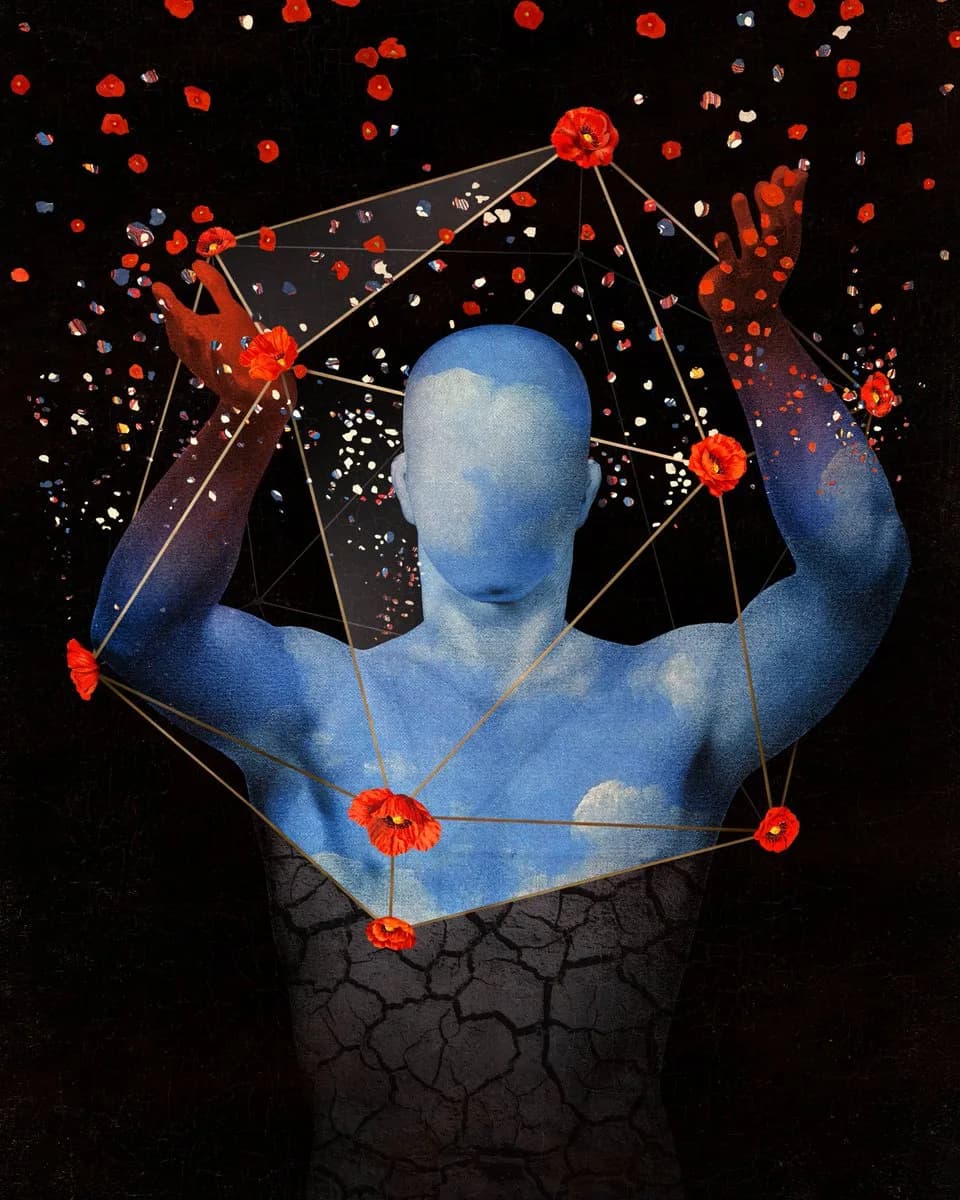 A blue statue-like man raises both arms inside a network of red nodes and thin lines, his lower body turning to cracked earth