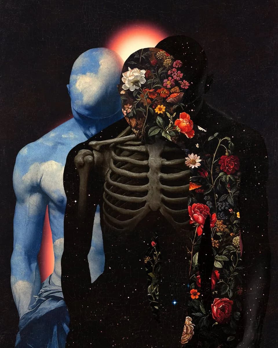 A skeleton silhouette filled with stars and red flowers stands before a muscular blue figure whose skin shows clouds