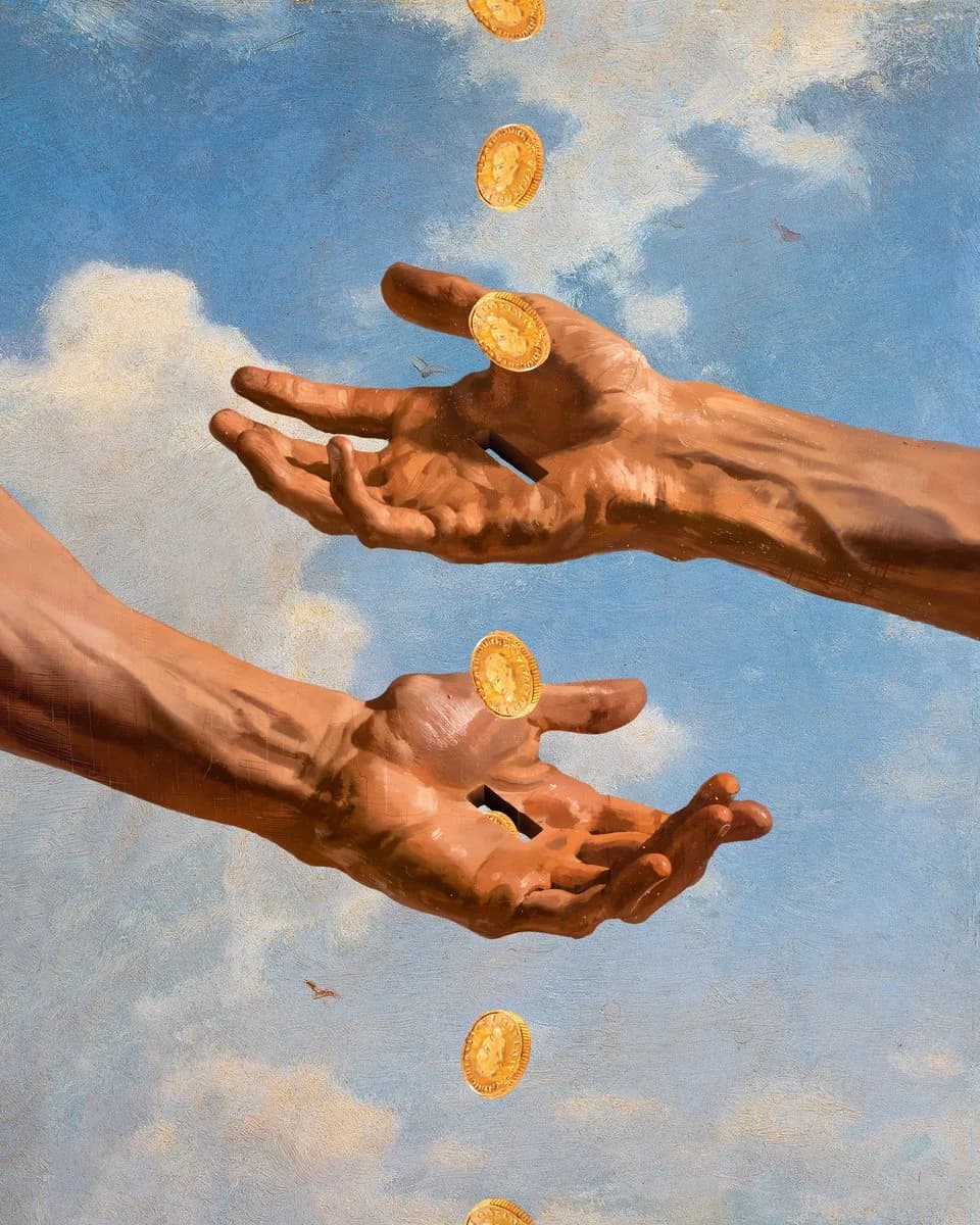 Two hands with keyhole-shaped slots in their palms reach across a blue sky as gold coins fall past them