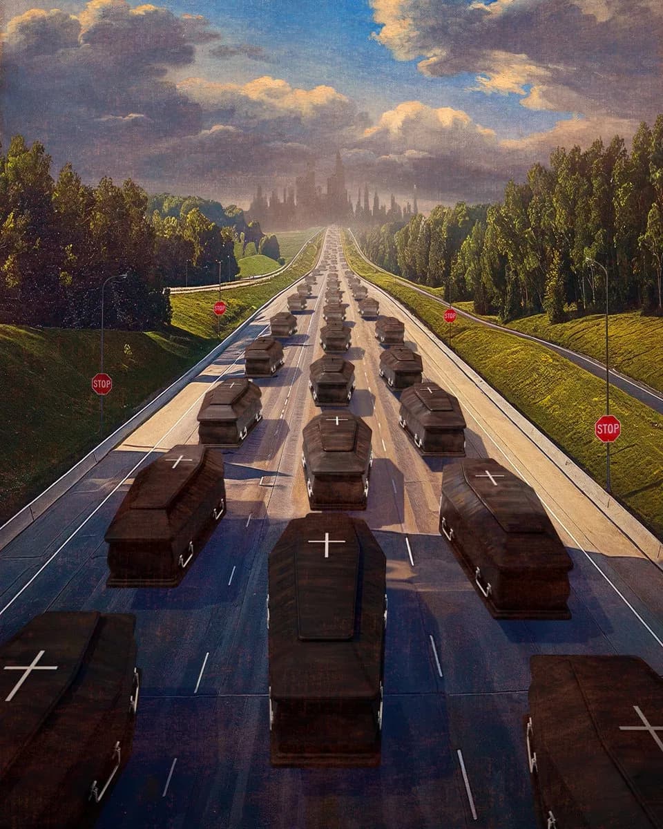 A forest-lined highway toward a distant city where every vehicle is a dark coffin, some marked with white crosses