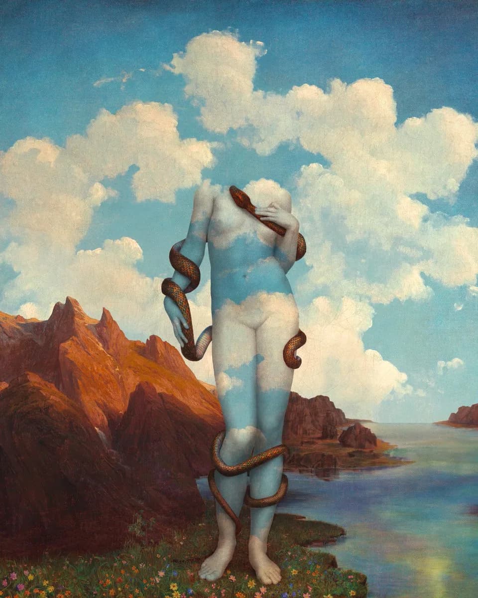 A pale nude figure filled with blue sky and clouds stands on a flowering rocky shore, a dark snake coiled around the body