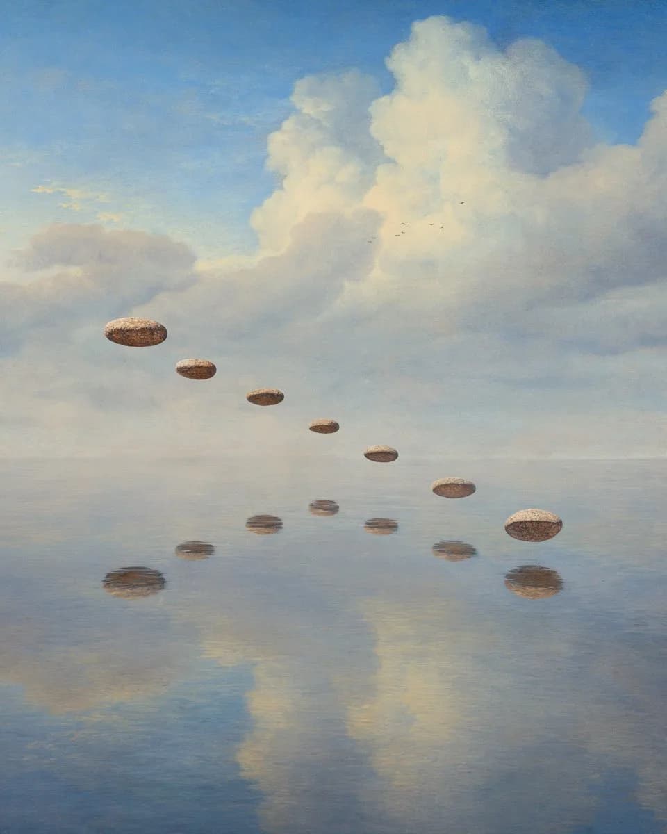 A curving line of flat stones skips across a mirror-like sea that reflects towering clouds