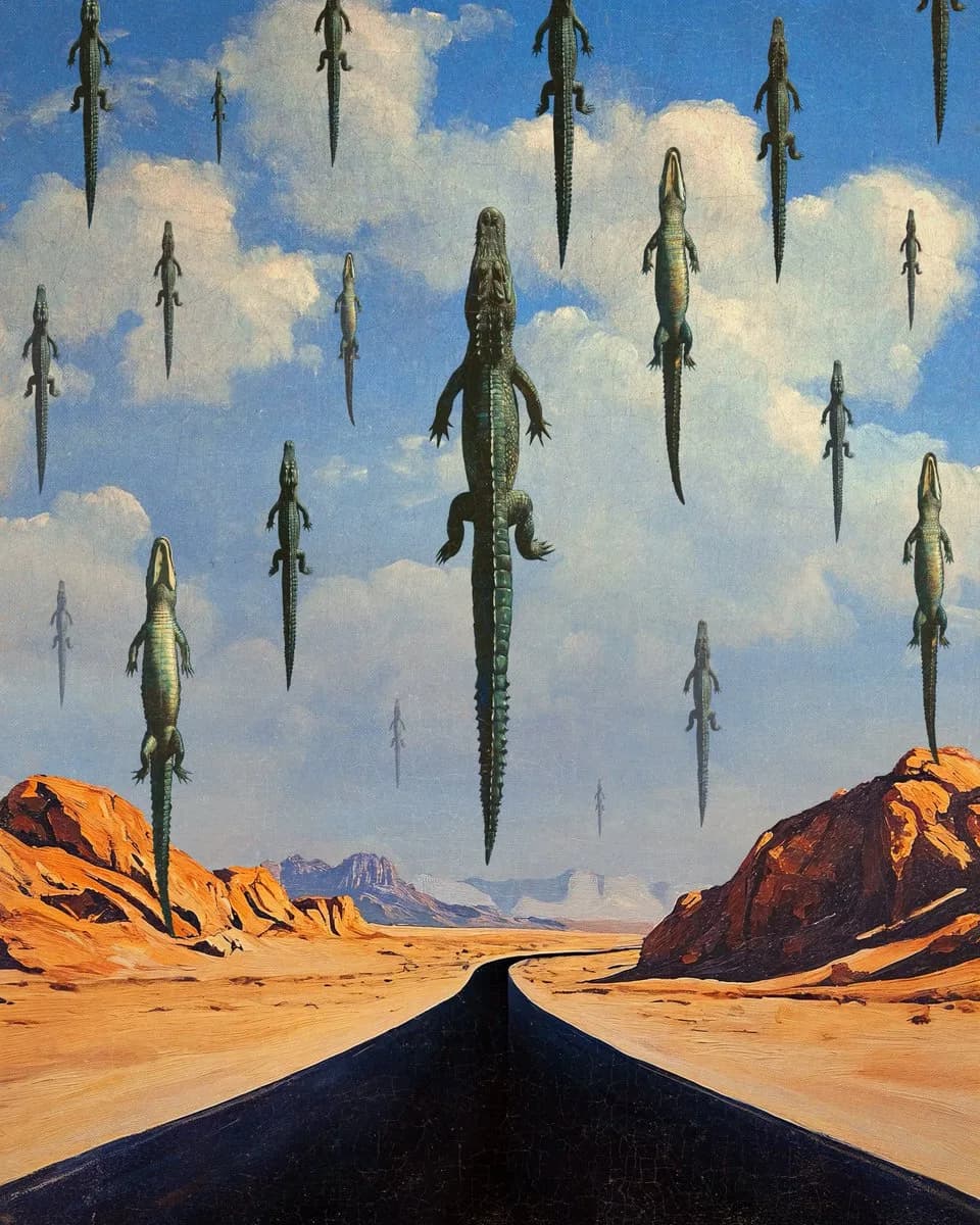 Dozens of crocodiles hang nose-down in a cloudy sky above a straight desert road between red rocks