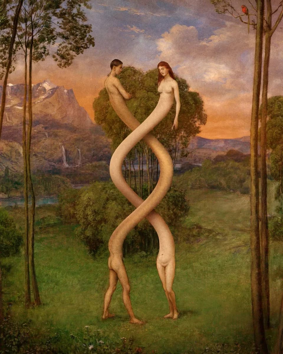 Collage painting: a nude man and woman in a meadow at dusk, their lower bodies two pale serpentine forms twisted into a double helix
