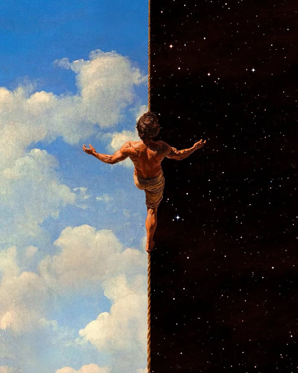 A sky of white clouds meets a black starfield; a man in a loincloth leans out from the stars with arms spread