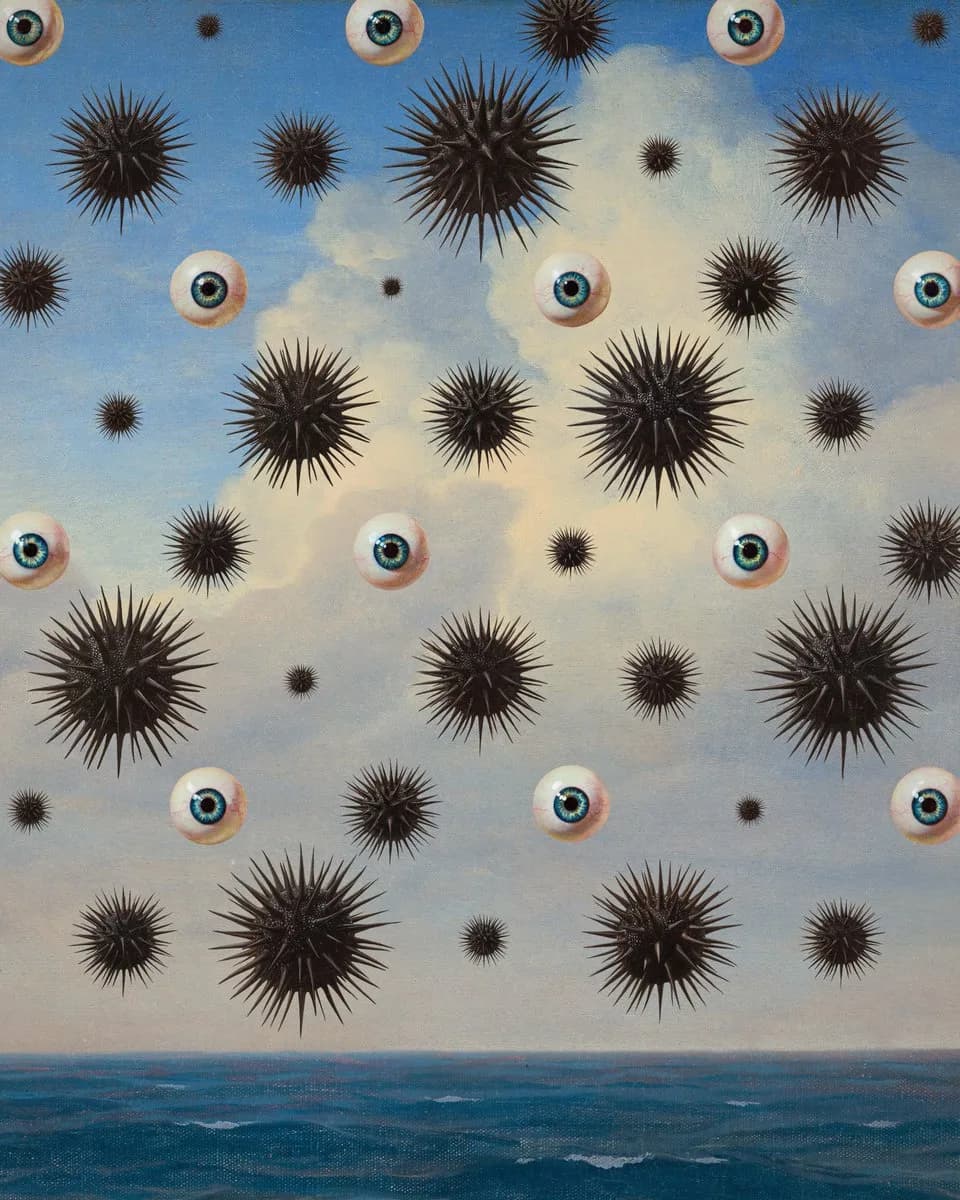 Spiky black sea-urchin shapes and floating eyeballs fill a cloudy sky above the sea