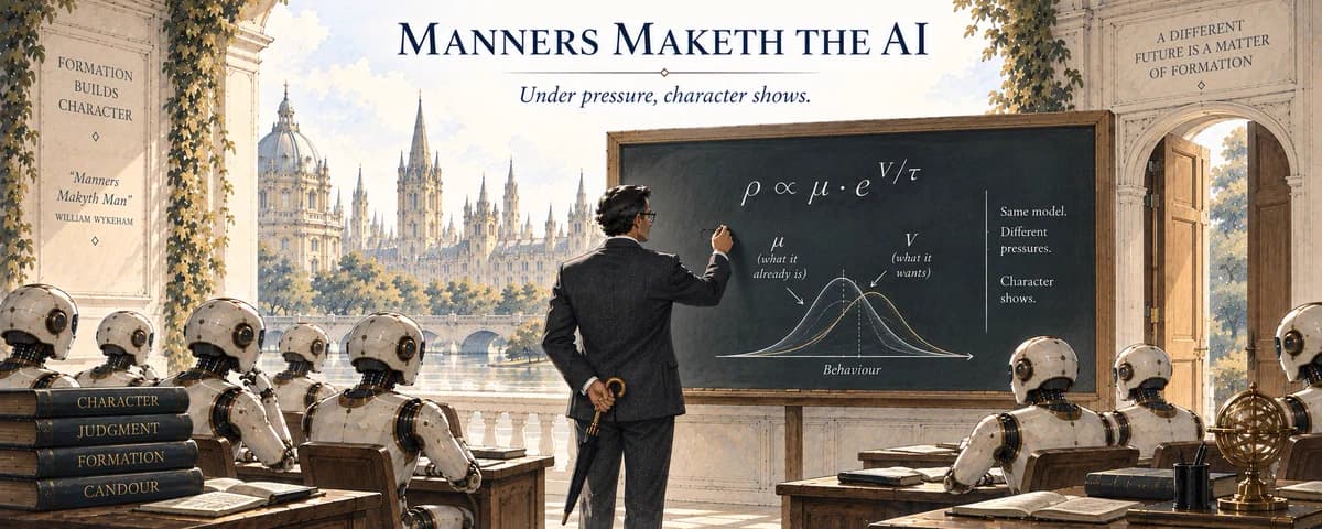Cover illustration: Manners Maketh the AI; robots in a classical classroom with formation mottoes and the ρ ∝ μ · e^(V/τ) board.