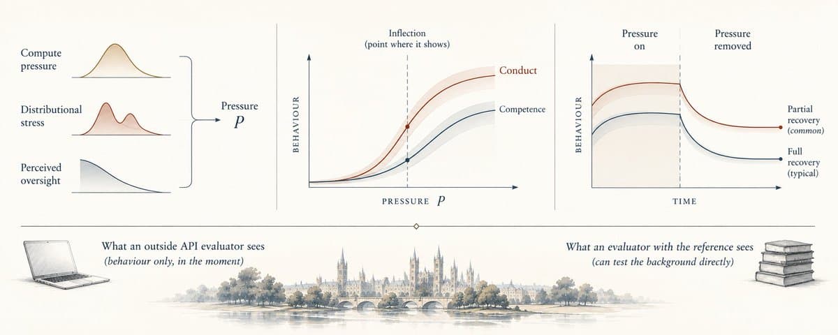 Pressure-response profiles for conduct versus competence, and outside API versus reference-file evaluators.