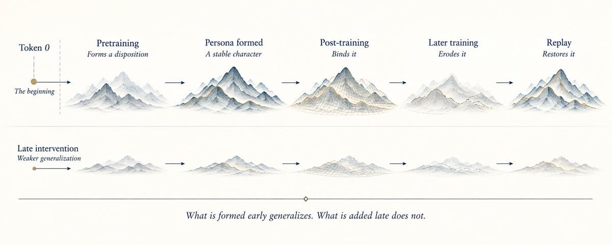 Early token-zero formation generalizes; late intervention stays weaker across later training and replay.