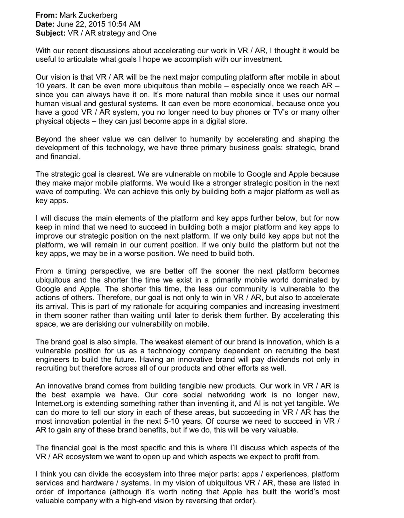 Screenshot 1 of Mark Zuckerberg's June 22, 2015 VR/AR strategy email.