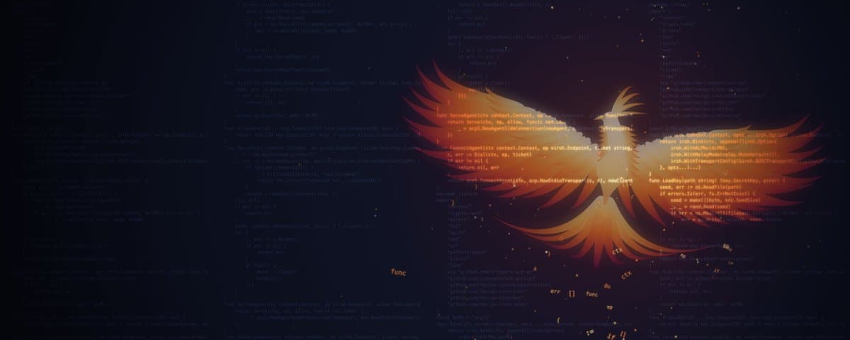 Cover graphic: a glowing orange phoenix rising through translucent Go source code on a dark blue field; no readable title text.
