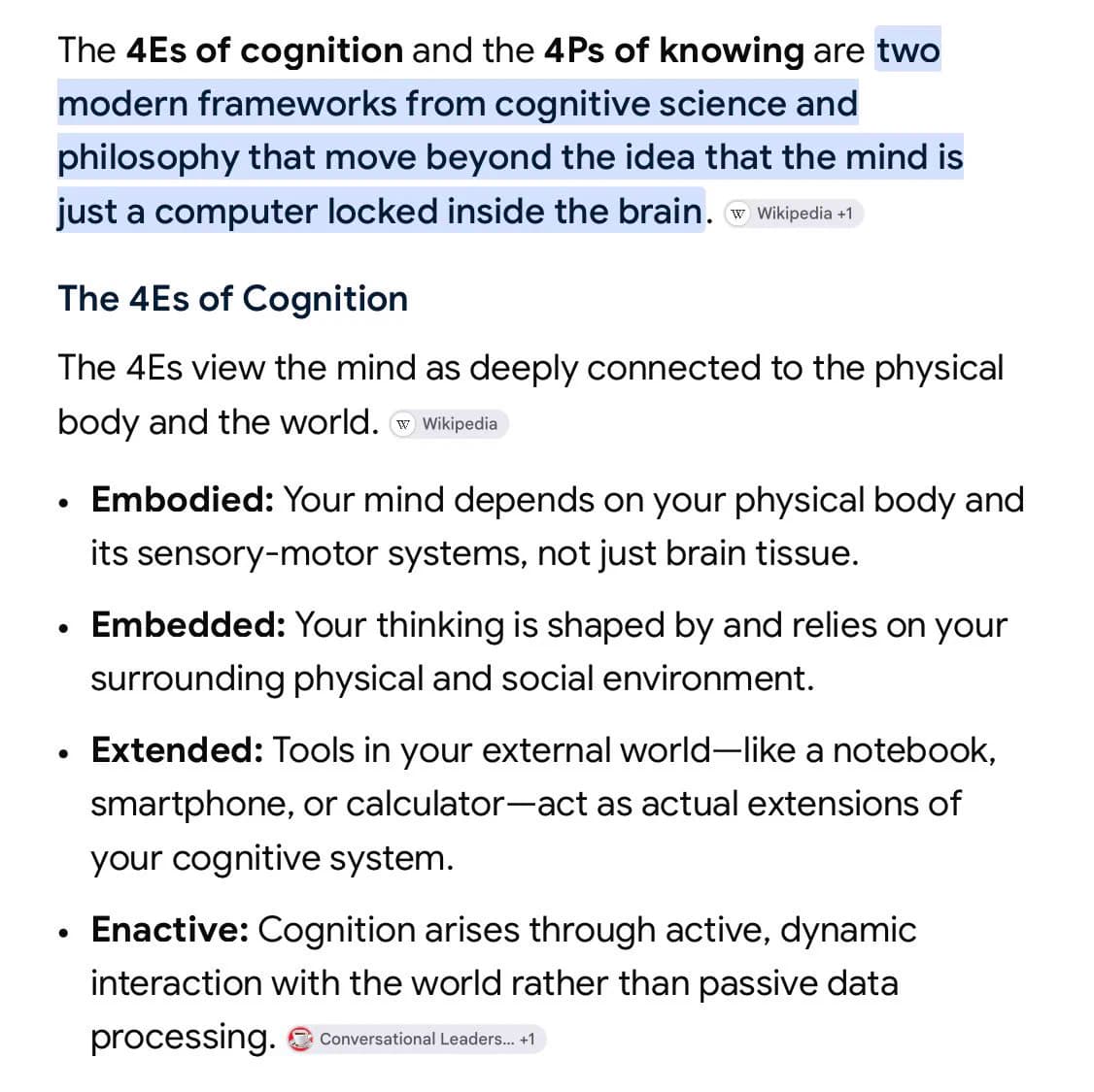 Screenshot summarizing the 4Es of cognition: embodied, embedded, extended, and enactive, arguing the mind is not just a computer locked inside the brain.