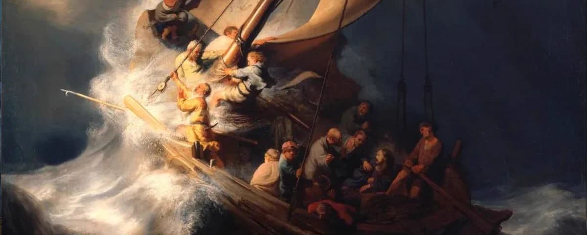 Cover: Rembrandt's The Storm on the Sea of Galilee — a fishing boat heaves in a storm, disciples scramble in light while a calm figure sits in shadow.