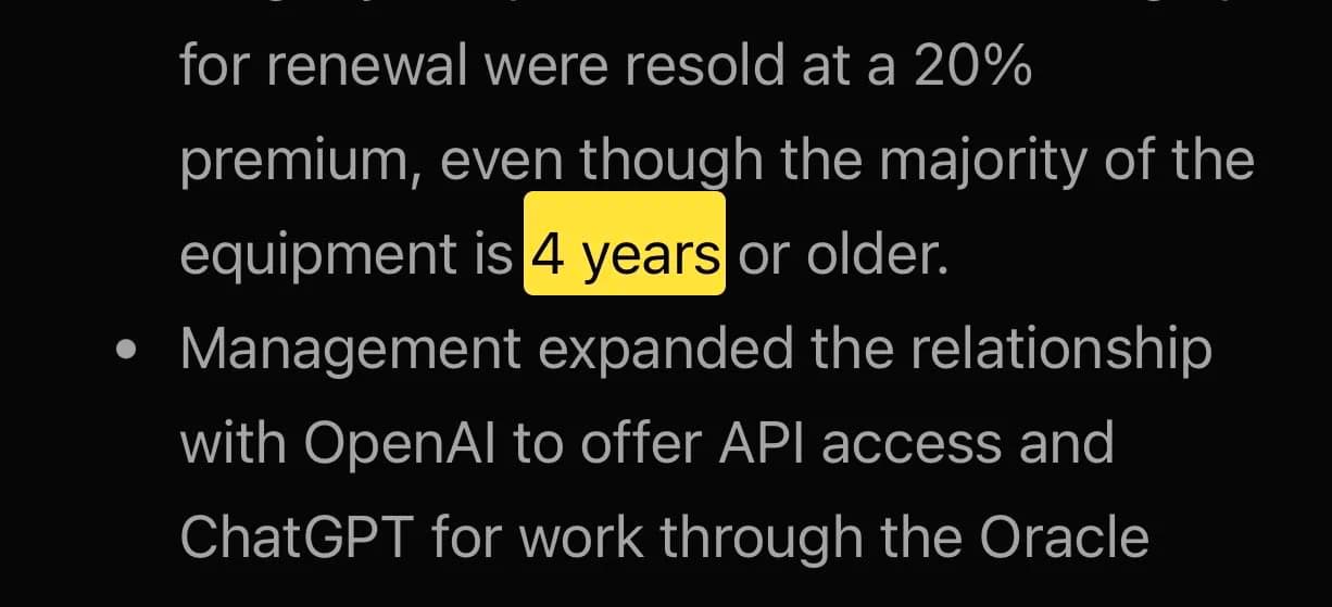 Oracle earnings text highlighting 4-year-old equipment resold at a 20% premium and OpenAI relationship expansion.