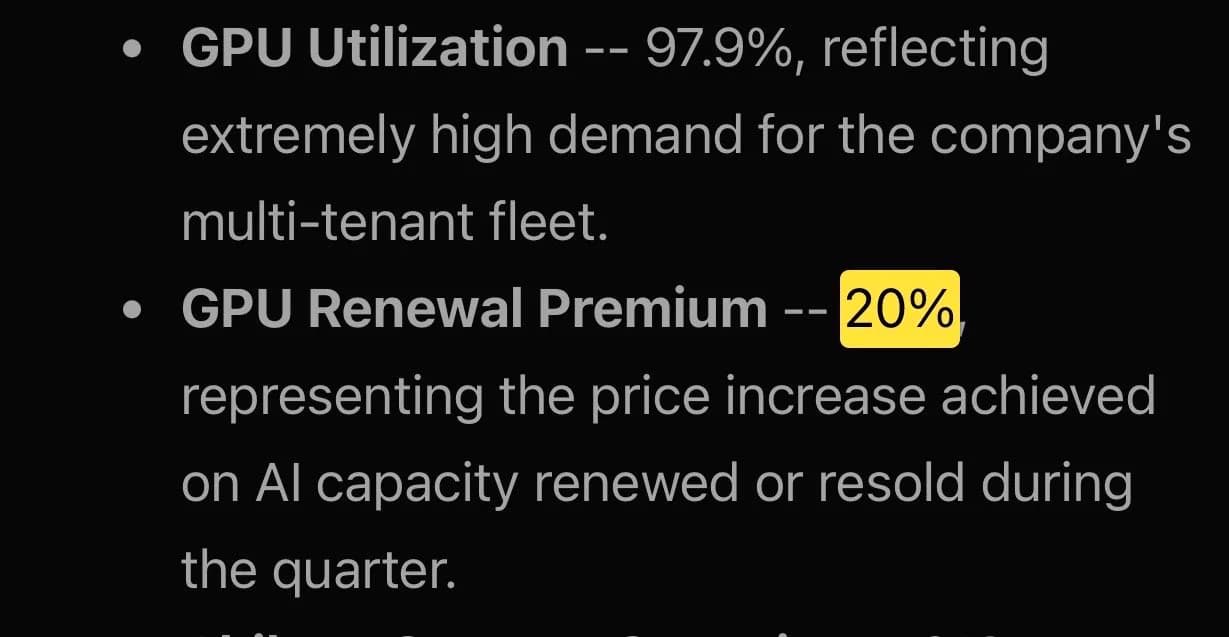 Oracle earnings bullets: GPU utilization 97.9% and GPU renewal premium 20% highlighted.