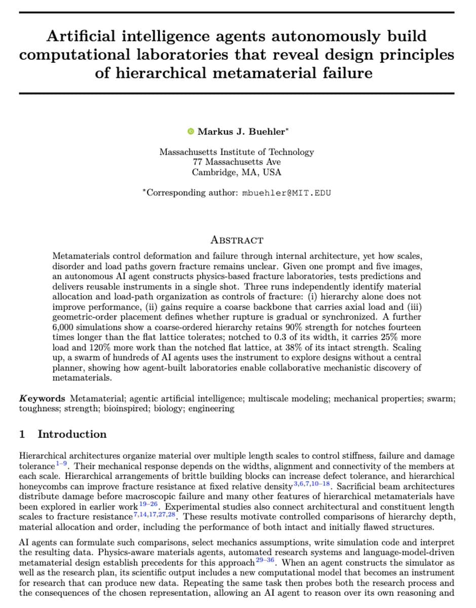 First page of Buehler’s paper on AI agents building computational laboratories for hierarchical metamaterial failure.
