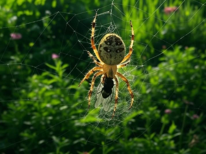 Macro photograph of an orb-weaver spider holding a fly in the center of its web.