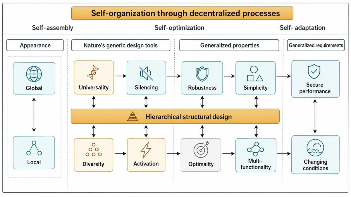 Diagram titled Self-organization through decentralized processes spanning self-assembly, self-optimization, and self-adaptation.