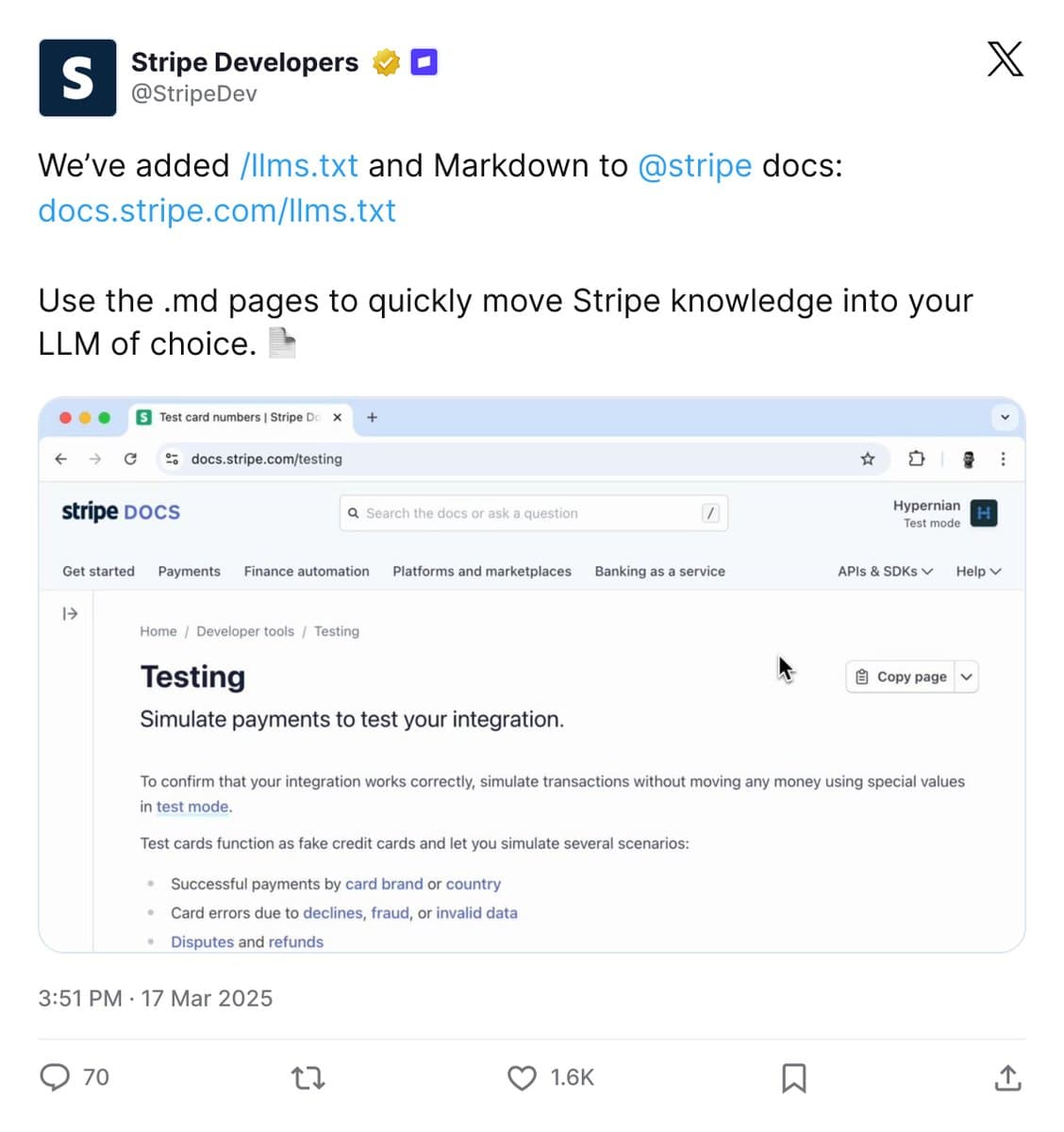 Screenshot of @StripeDev announcing /llms.txt and Markdown docs, with docs.stripe.com/testing Copy page UI.