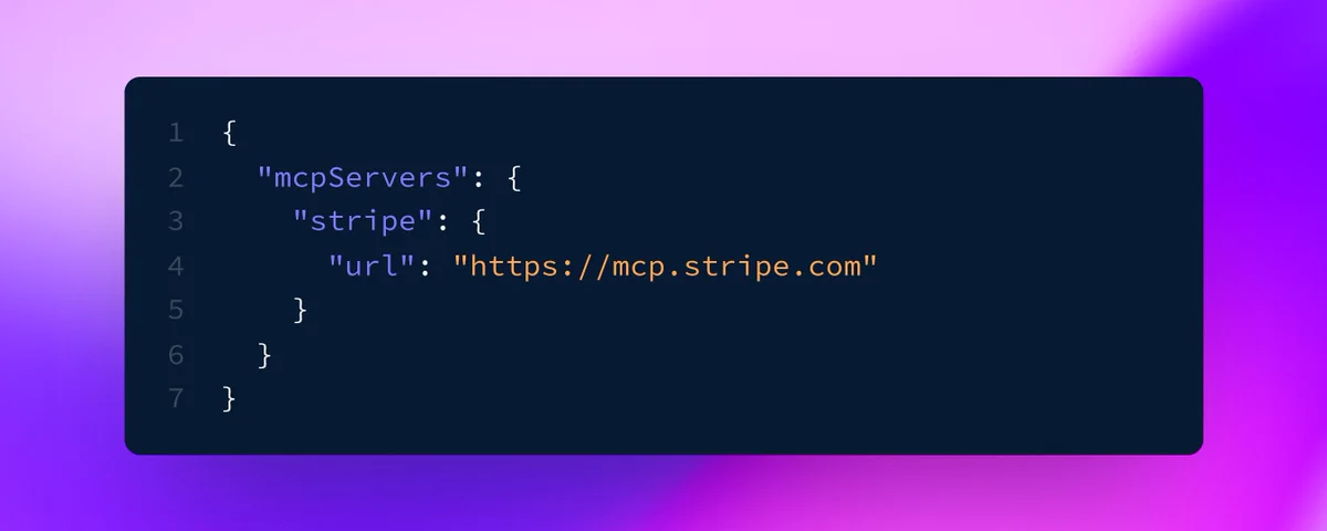 JSON snippet configuring mcpServers.stripe.url to https://mcp.stripe.com.