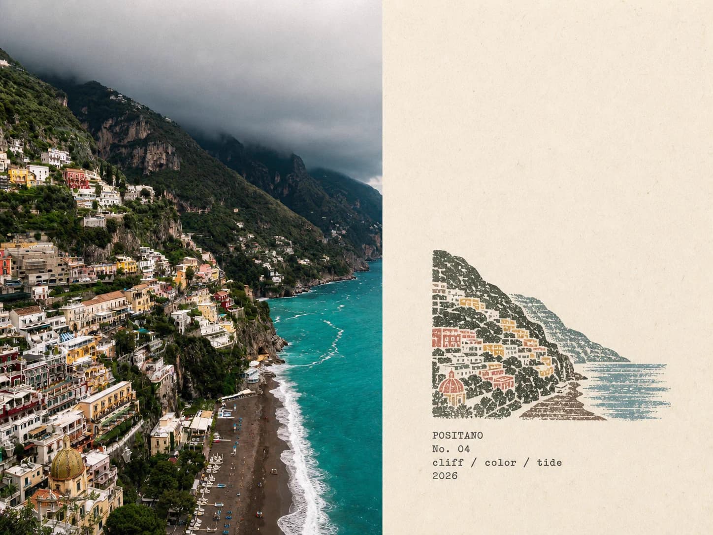 Positano coast photo beside a rubber-stamp field note labeled POSITANO No. 04 cliff / color / tide 2026