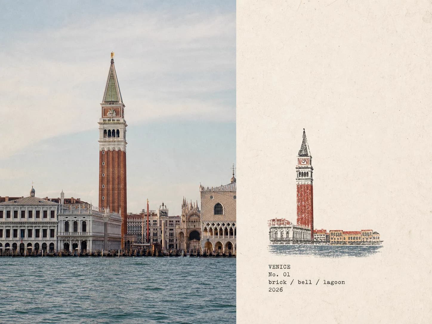 Venice lagoon photo beside a rubber-stamp field note labeled VENICE No. 01 brick / bell / lagoon 2026