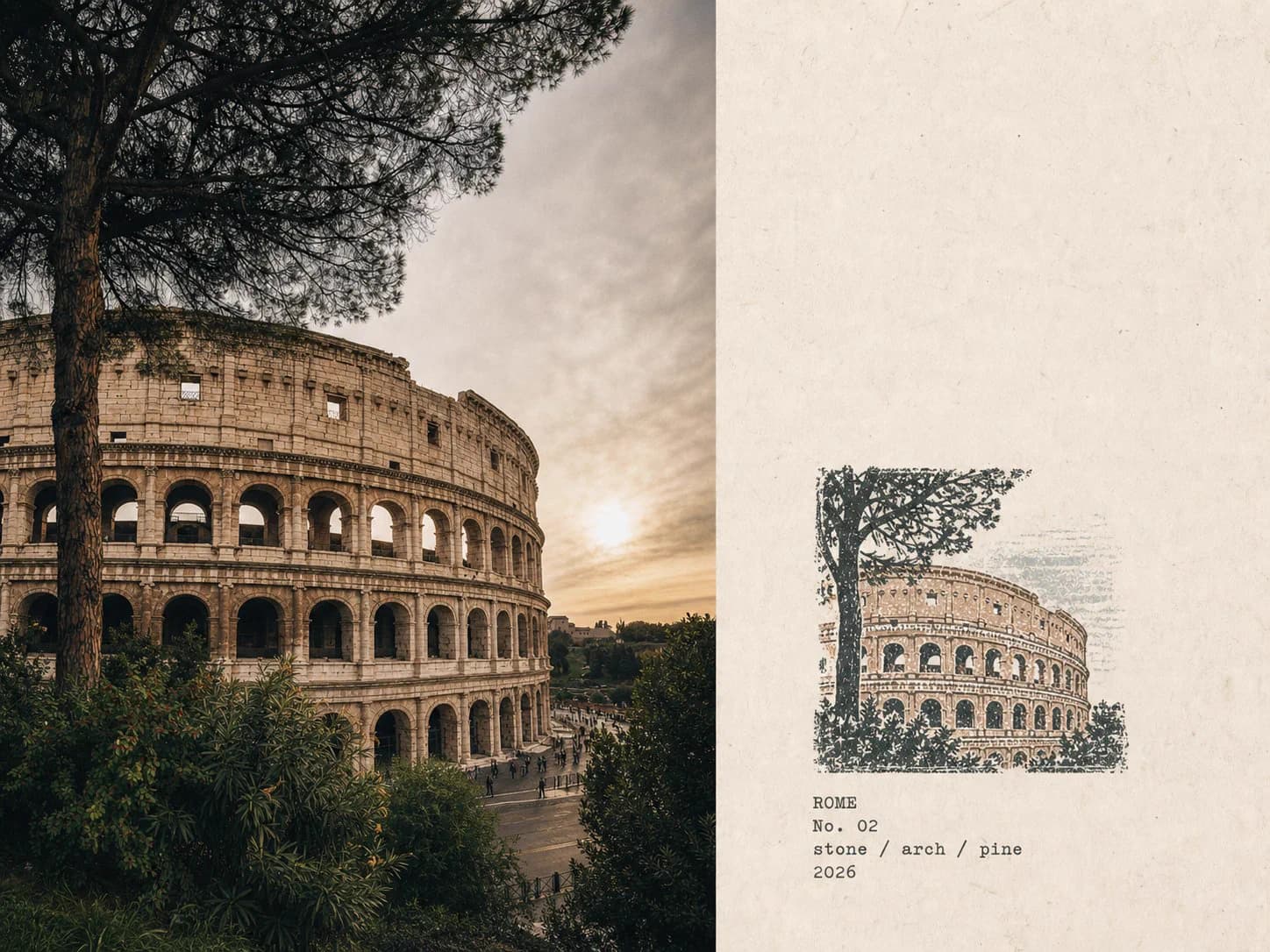 Rome Colosseum photo beside a rubber-stamp field note labeled ROME No. 02 stone / arch / pine 2026